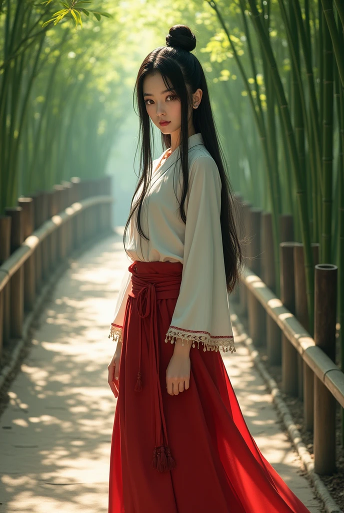 Momiji is a young Japanese woman with fair skin, amber eyes and long black hair tied in a topknot style ponytail. She is mostly seen in a relatively modest outfit with a white kunoichi top with red ribboned edges and red kunoichi styled pants that have tassels hanging in the back with black Japanese style heel boots worn at the bottom over the pant sleeves.