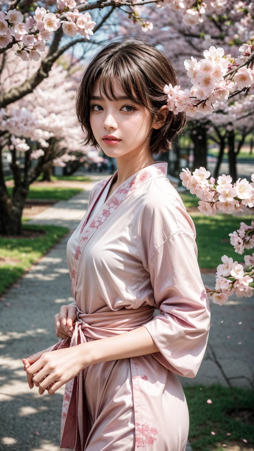 best quality, 32k, RAW photo, sakura maiden, an innocent and beautiful girl like a cherry blossom, glossy messy pixie cut, cherry blossom kimono, translucent and fluttery pastel colored hagoromo, sensual expression, mysterious, incredibly absurdres, extremely detailed, delicate texture, background iridescent pastel color, blooming profusely, cherry blossoms, cherry blossom petals, dancing petals, scattered gold dust, wind, motion-blur, action-lines, fantasy
