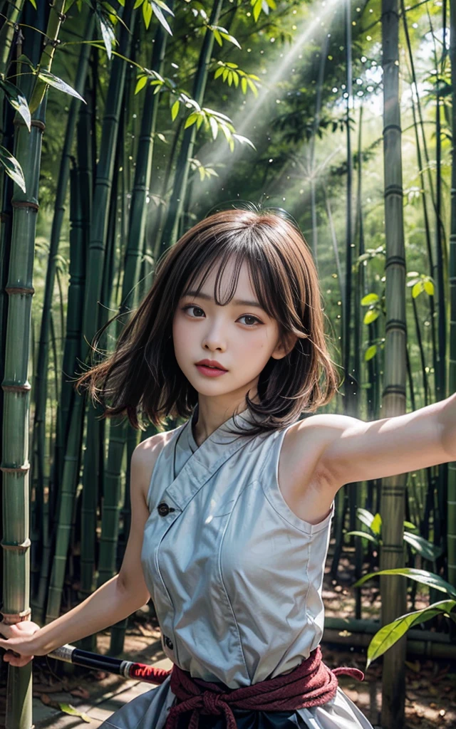 "Create a hyper-realistic digital painting of a intense samurai battle in a dense bamboo forest. Focus on the contrast between the serene, misty atmosphere of the bamboo grove and the violent clash of warriors. Capture the play of light filtering through the bamboo leaves, highlighting the gleam of armor and the flash of katana blades. Show the tension in the warriors' faces and the dynamic movement of their bodies as they engage in combat. Include details such as splintering bamboo from errant sword strikes, disturbed mist swirling around the combatants, and fallen leaves and petals mixing with drops of blood on the forest floor. The overall mood should be one of contained chaos within the tranquil forest setting."