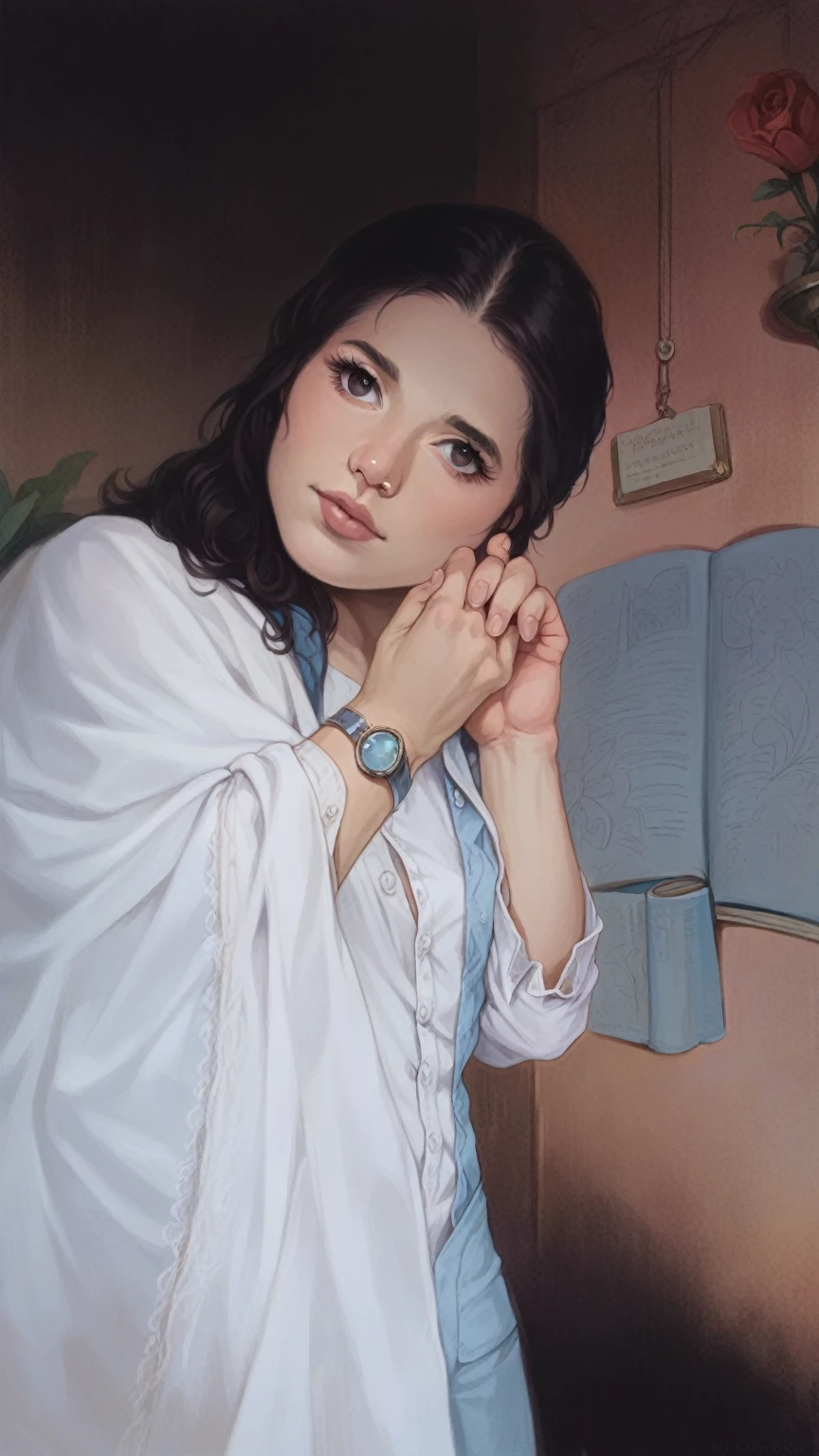 a beautiful girl in a cozy home, portrait, ultra-detailed, 8k, high quality, photorealistic, detailed facial features, beautiful eyes, long eyelashes, button nose, full lips, warm lighting, natural colors, elegant pose, cozy interior, plush furniture, large windows, sunlight streaming in, flowering plants, vases, books, comfortable ambiance