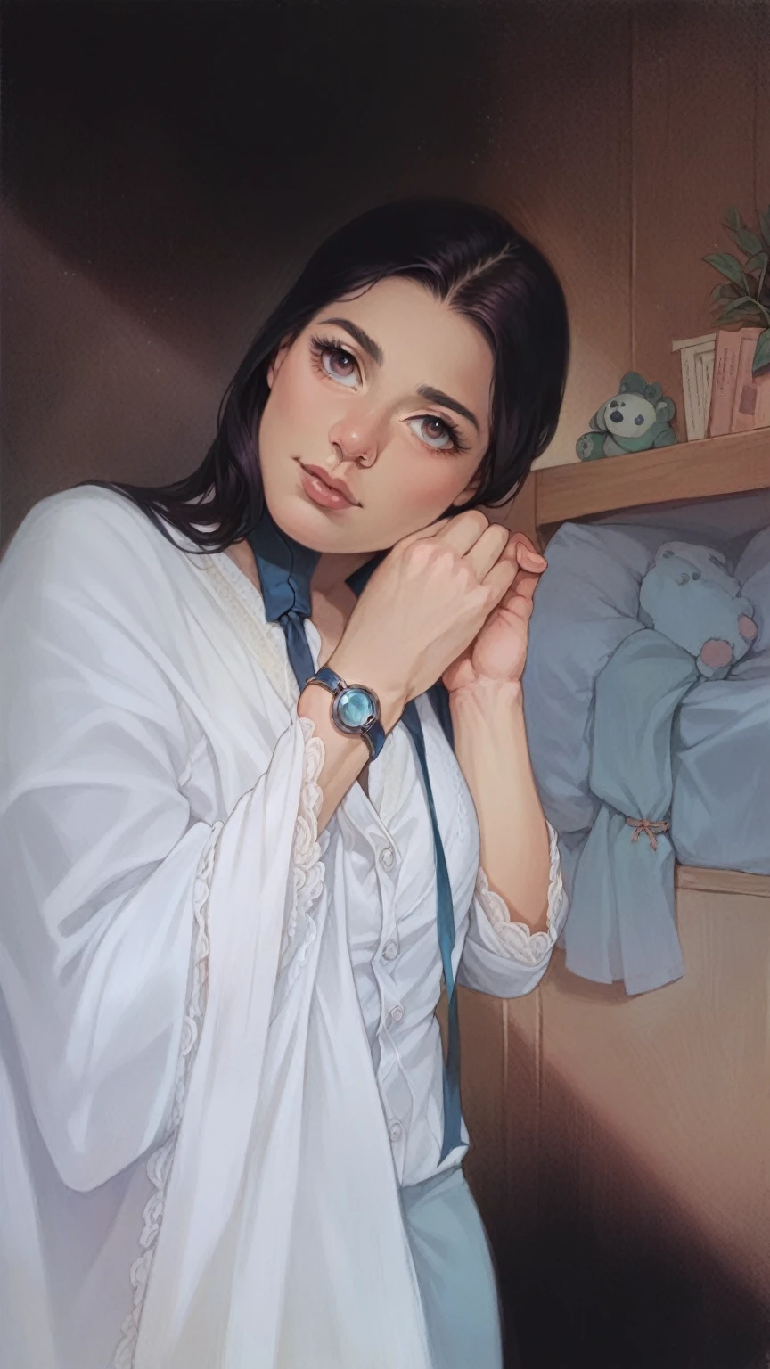 a beautiful girl in a cozy home, portrait, ultra-detailed, 8k, high quality, photorealistic, detailed facial features, beautiful eyes, long eyelashes, button nose, full lips, warm lighting, natural colors, elegant pose, cozy interior, plush furniture, large windows, sunlight streaming in, flowering plants, vases, books, comfortable ambiance