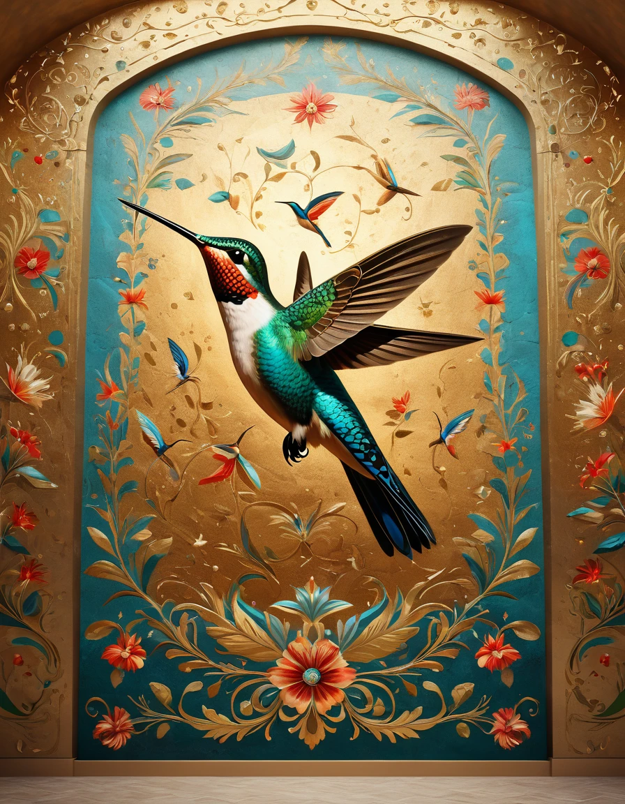 Hummingbird mural art style, beautiful painting, imagination, installation art, Minoan mural, 3d rendering, rendered with octane, Corona rendering, V-Ray, high detail, surrealism, HD, 16K, tilt-shift, medium view, split lighting,
