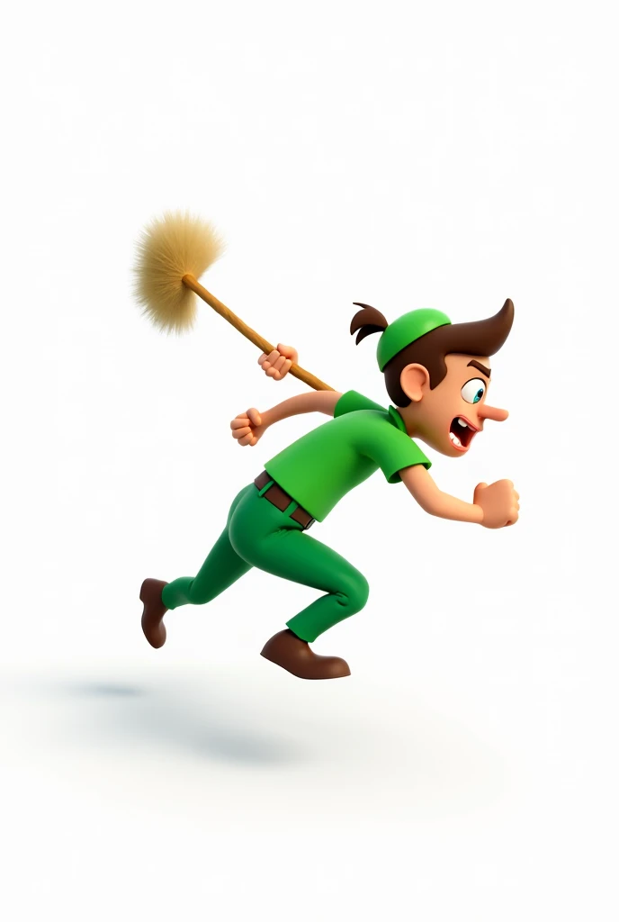
Style: 3D cartoon
Appearance: A cashier wearing a green uniform runs to the right, holding a broom and swinging it at the thief as if trying to catch up with him. The cashier has a determined look on his face.
Posture: The cashier is facing sideways to the viewer (in profile) and is in motion, running. He looks like he's trying to catch a thief.
Background: A white, simple background to make it easy to cut out the character and paste it behind the thief.