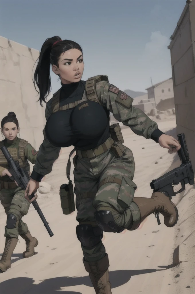 group of female soldiers during a firefight, war photography, (cinematic lighting:1.1), highest quality, photo of (group of fully dressed really tanned 20yo sexy muscular female army special forces with taut clothing military top, ponytail hair, running holding a rifle), (bouncing breasts, motion lines, motion blur), too tight military shirt, medium_boltedontits, perfectly round breasts, breast implants, unaligned breasts, perfect face, parted lips, (wearing military Combat uniform, battlepack, boots:1.2), athletic body, on the battlefield, fake tits, bootsnutes