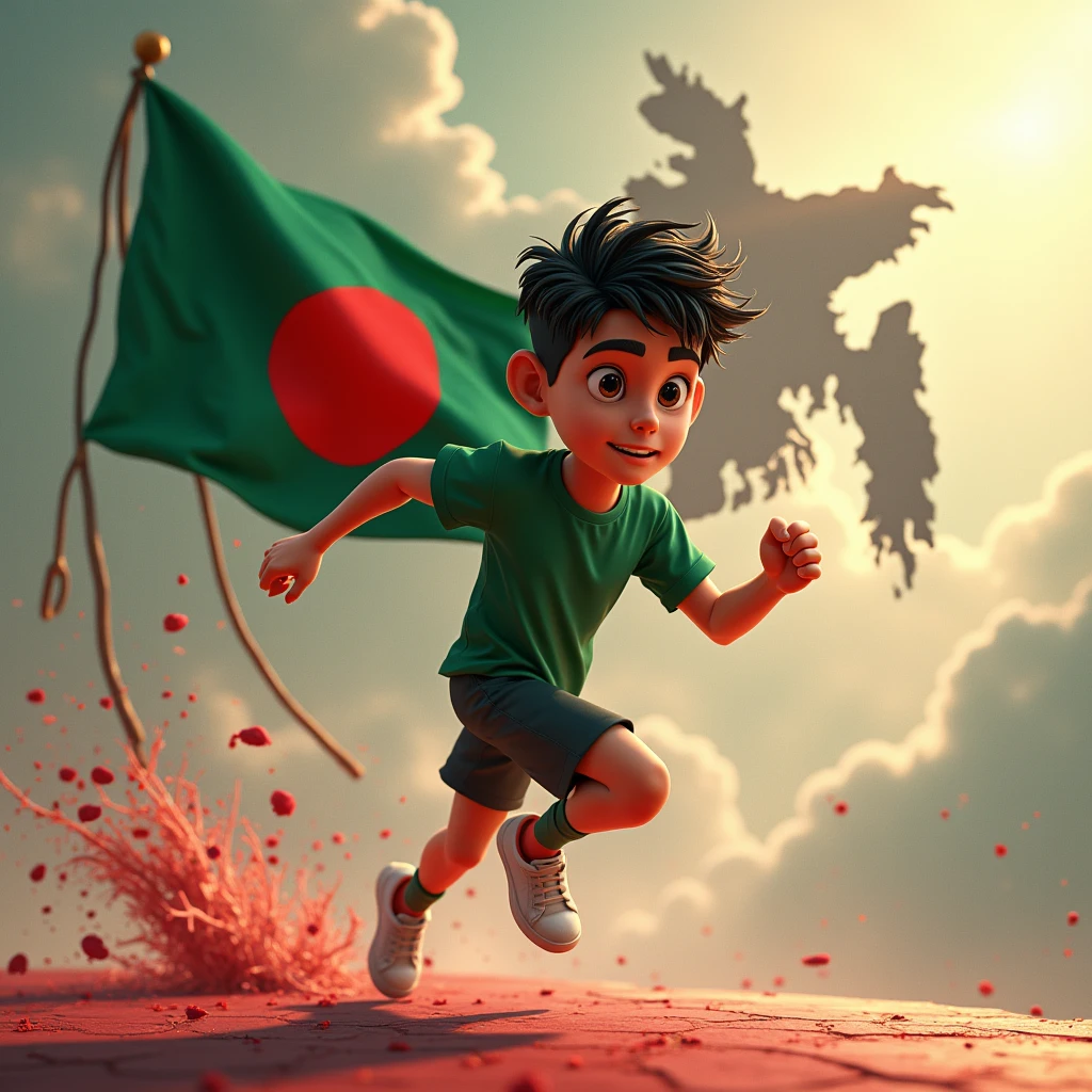 A 3D crachter young man run with a Bangladesh flag in his hand. Background picture is Bangladesh map with blood
