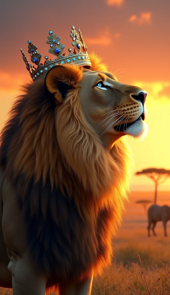Generate an ultra-realistic 8k image of a strong, handsome lion with blue eyes wearing a king's crown on its head looking at the sky