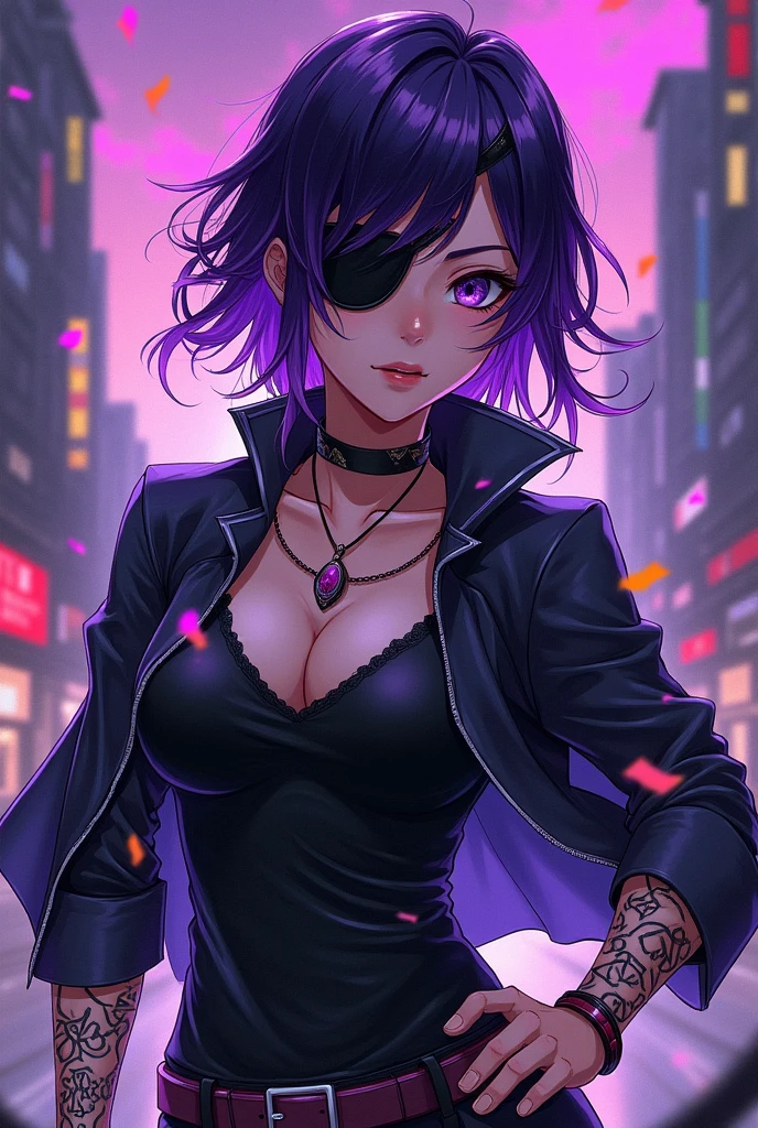 A character design for a manga who has an eyepatch, is 19 years old, and has purple-dyed hair tips in a Jujutsu Kaisen style.