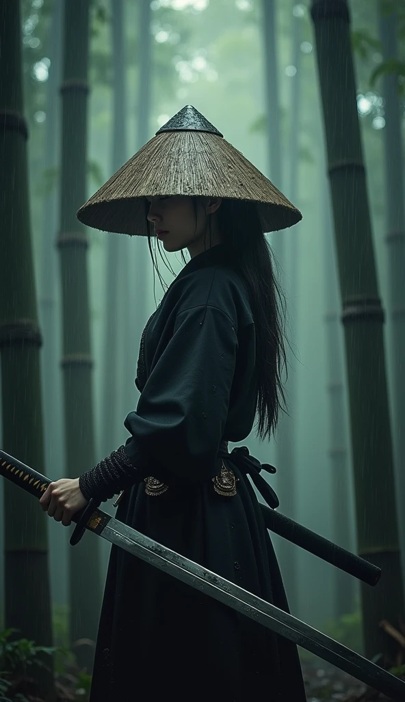 1girl, samurai armor, straw hat, straw cone hat, covered eyes, hidden eyes, holding katana, rain, rainy weather, bamboo forest, bamboo forest background, blurry background, rain effects, water drops, dark colors,