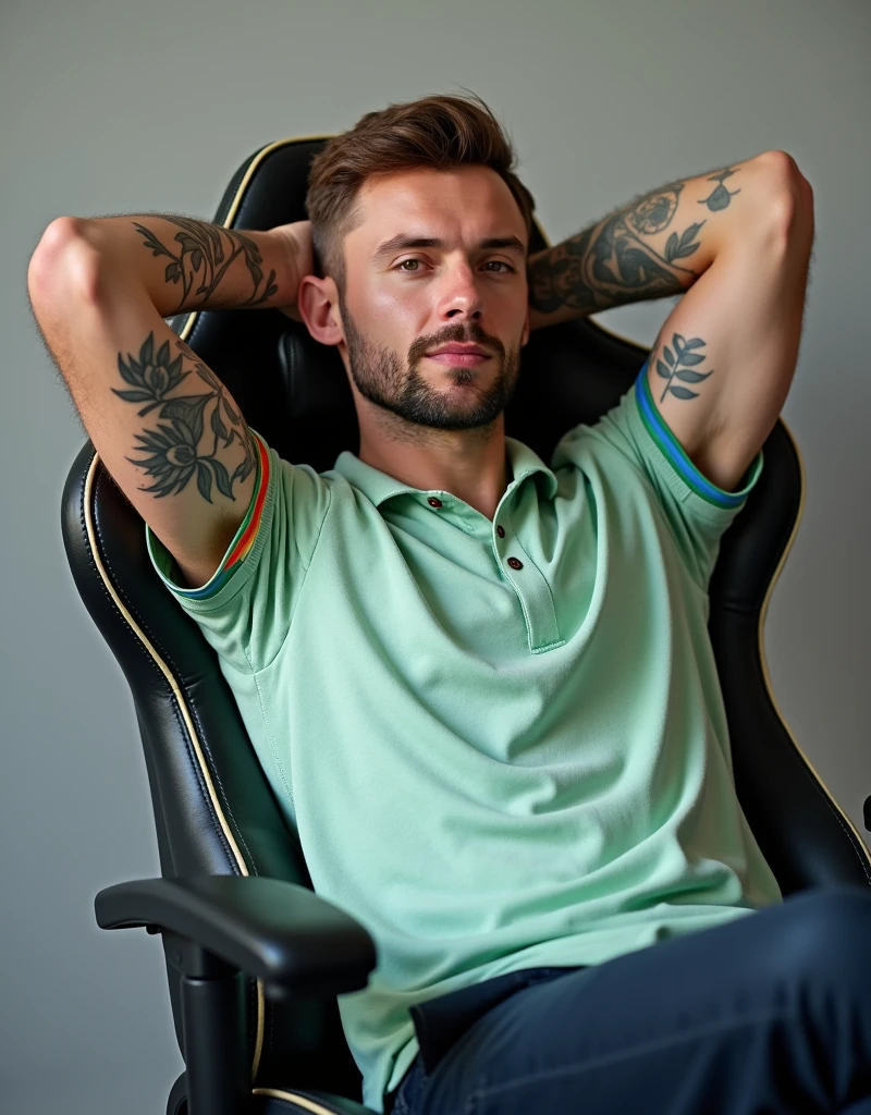 A relaxed, confident man with short, light brown hair and a trimmed beard is sitting back in a gaming chair. His arms are raised behind his head, muscular body and he is wearing a light green polo shirt with colored stripes on the sleeves. The image is highly detailed and polished, emphasizing his calm expression and the intricate tattoos. The background is clean and isolated, with the subject being the main focus. The overall vibe of the portrait is casual yet professional, suited for a content creator or Twitch streamer persona.