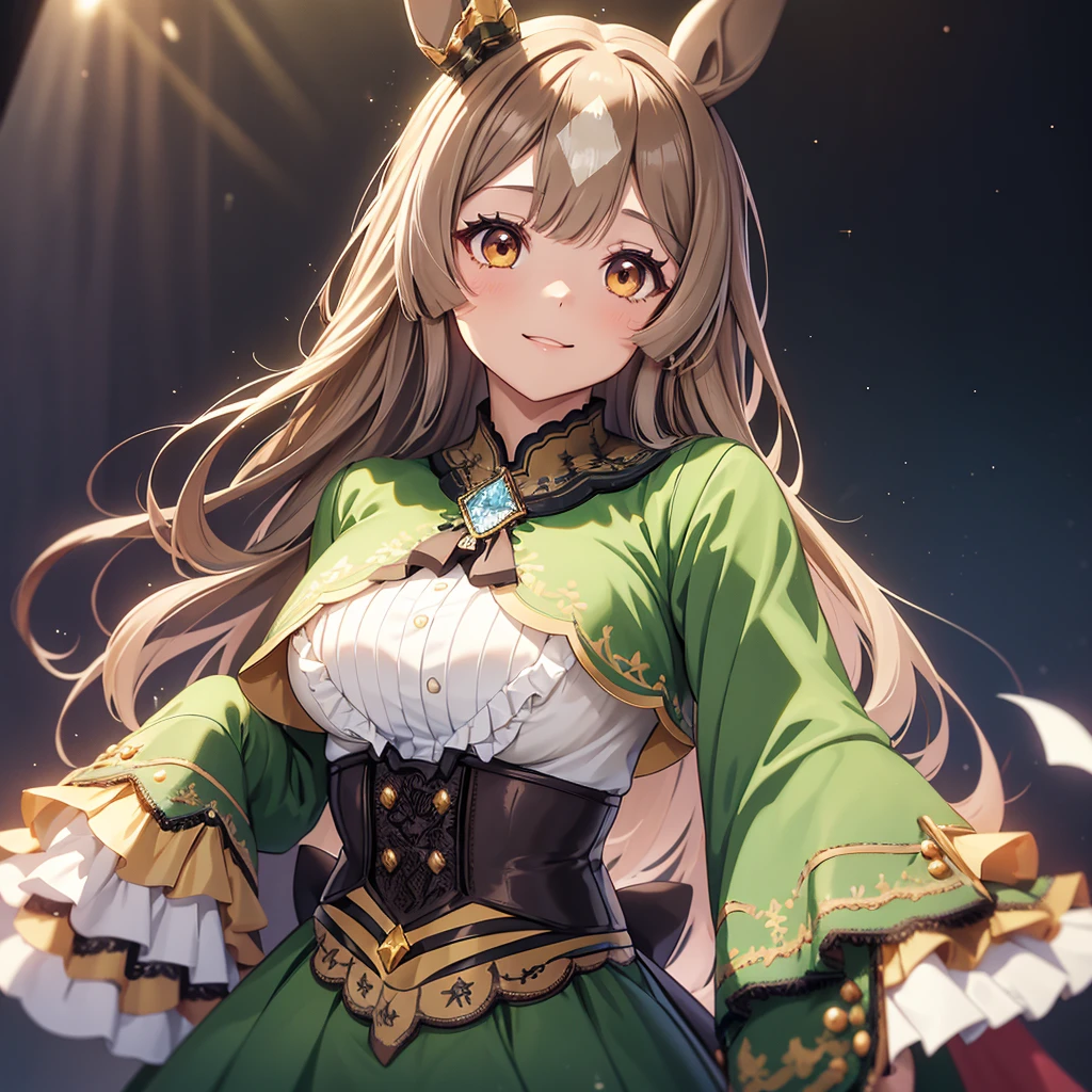 Satono Diamond、Uma Musume、A beautiful young woman with beautiful breasts, wearing a luxurious, long-sleeved green dress that hides her hands.。A large white ribbon on the back of the head。Hide your hands in your sleeves。Brown long hair。Brown Eyes。A big smile。has horse ears