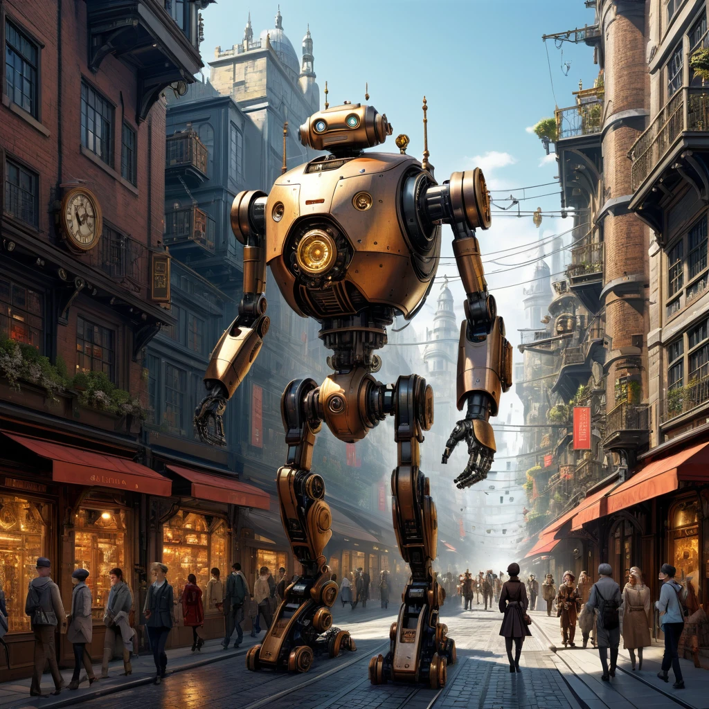 Landscape painting,A futuristic city where robots and humans live together,busy street,Shopping Street,lively cityscape,Walking mechanism robot:humanoid,human:16th century costume,Steampunk element,Mechanical engineering,Mechanically,Mechanical,intricate details,very fine,High resolution,high quality,最high quality,clearly,Be clear,beautiful light and shadow,Three dimensions,complex configuration,mechanism,dynamic,16th century london,Select a product,Enjoy watching,structural aesthetics,Mechanical Engine,nice,rendering,metallic luster,happy person々,anatomically correct

