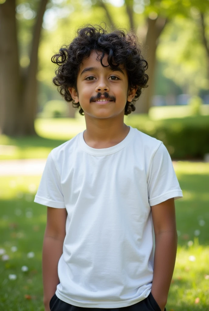 Jeune adolescent aux cheveux noirs bouclés. Il a des sourcils assez poilus, un nez plutôt gros mais pas trop. Il a les bras plutôt poilus. Il a ma mâchoire bien taillé un duvet de barbe et de moustache. Il est en T-shirt à manches courtes blanc et en chort noir. Il a des yeux marrons foncé. Il a des oreilles bien sûr les côtés de taille normal. Il est un peu musclé. Il a de longs cils pour un homme