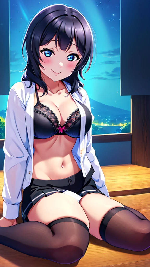 lovelive Asaka fruit forest、leggings,Black knee-high socks、Open shirt、Black Bra、Evil female executive、sexy、Sexy smile、lure、Alluring、Pitch black background、Bedroom at night、Hands on head、Upper Body