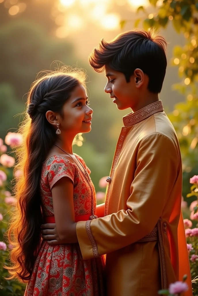 Girl, Brown hair, long, hazel eyes, looking weakly at a green-eyed boy, taller than her, black hair, The girl is wearing an Indian dress, and the boy is dressed as an Indian