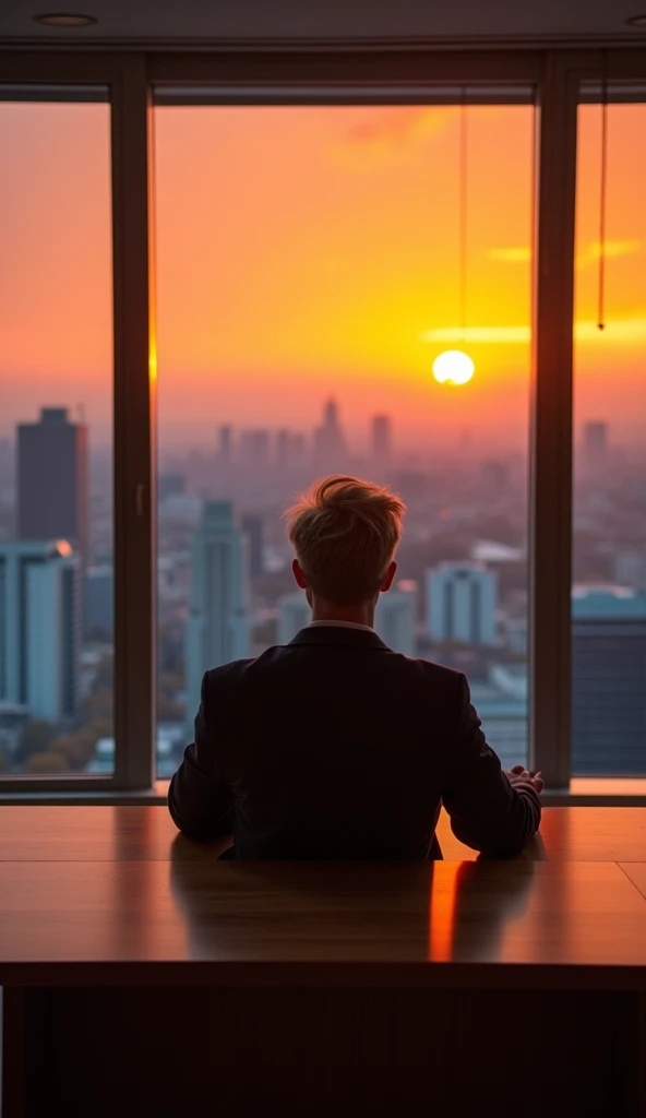 Make me a photo of a asian-russian man who has blonde hair, wearing suit, leaning on his table as he watches the sunset from his office and make sure that the sunset is bright orange while the view from the ground already look a bit dark. The perspective is from his back so we don't need to see his face. Make his office look like a minimalist but slick