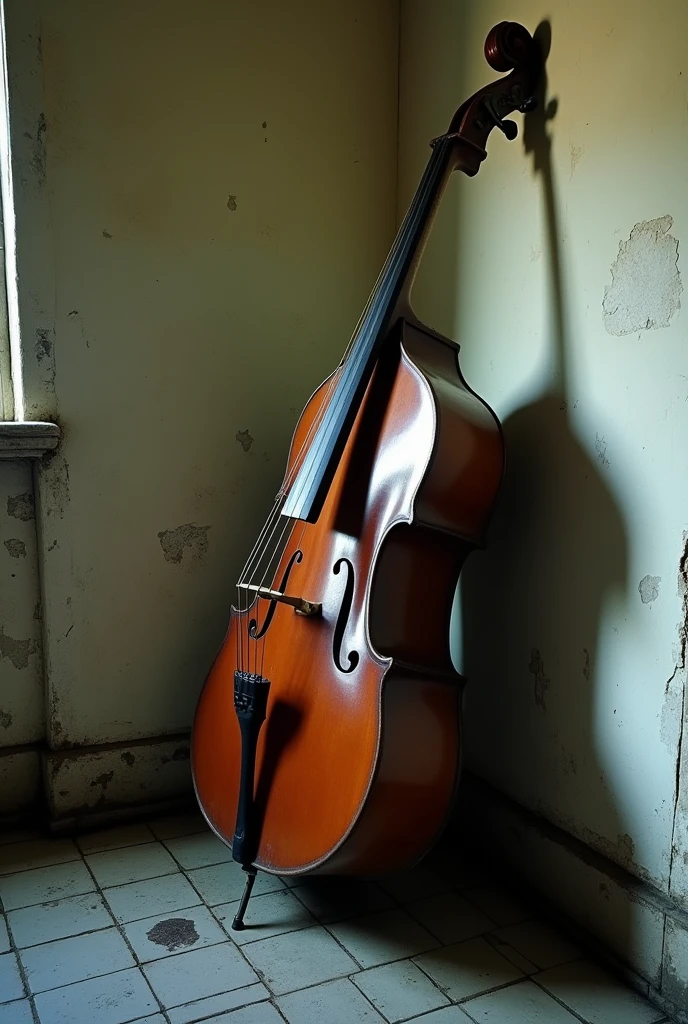 A double bass leaving against a white wall slightly low quality picture with low lighting with a tiled floor poor lighting slightly old paint in the wall no window In the frame
