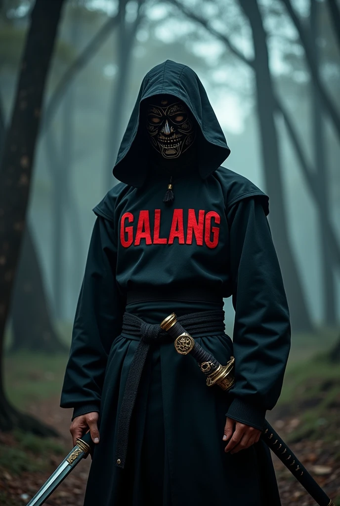 A masked man wearing a samurai sword with the name GALANG written on his shirt 