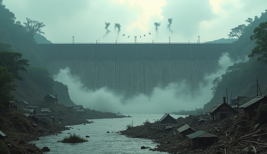 A Indian high dam destroy photo lot water dirty and under the dam have lot of house destroyed also include a little name on sky മുല്ലപെരിയാർ