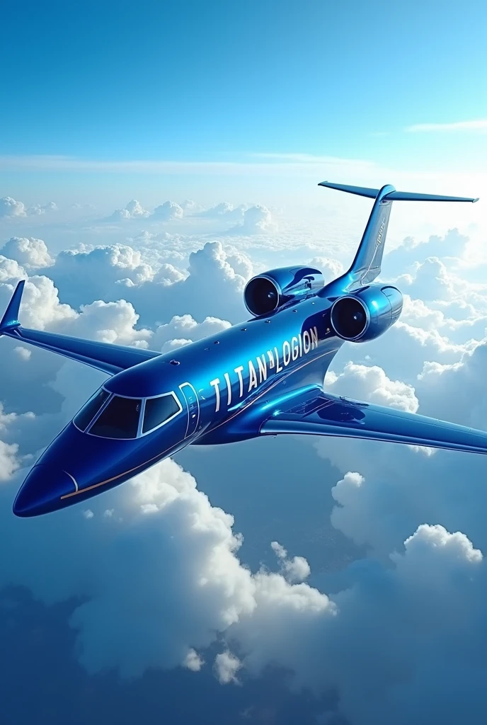 I want an aircraft(private jet) for the CEO(Titan Legion) with four jet-like engines(two on the right and left)
the body of the aircraft should be colour blue with titan legion(colour white) written on it