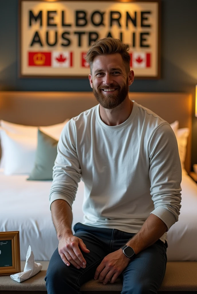 Homme caucasien grand de taille, charmant, un peu costaud, habillé en pantalon et tee-shirt manche longue, assis ou adossé sur une table dans une grande chambre d'hôtel, sur la table qu'il y ait également un papier mouchoir déjà utilisé sur la table et sur le lit de l'hôtel qu'il soit déposer un cadre photo grand ou moyen qu'il est possible de faire arrêter sur le lit et faire face à la caméra et sur le mur du chevet du lit un tableau sur lequel il est écrit en français : Melbourne AUSTRALIE et autour de la phrase qu'il y ait les emblèmes du CANADA QUÉBEC ou le drapeau du CANADA QUÉBEC