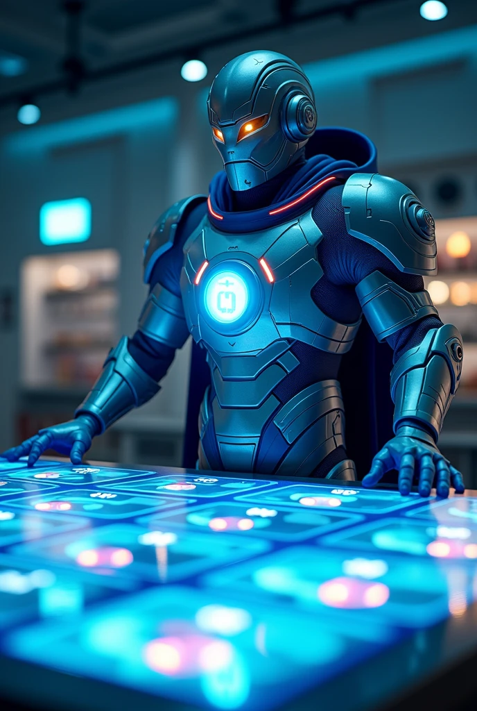 {
"size": "1024x1024",
"prompt": "Proton, wearing his bright, shield-like armor, stands in a futuristic, well-lit laboratory. In front of him, a large, glowing holographic table displays various elements from the periodic table, each with a visible representation of its nucleus. The atmosphere is educational and focused, with Proton confidently pointing at the hologram, which showcases the different numbers of protons in each element's nucleus."
}