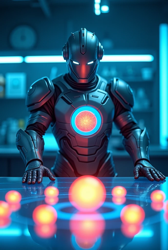 {
"size": "1024x1024",
"prompt": "Proton, wearing his bright, shield-like armor, stands in a futuristic, well-lit laboratory. In front of him, a large, glowing holographic table displays various elements from the periodic table, each with a visible representation of its nucleus. The atmosphere is educational and focused, with Proton confidently pointing at the hologram, which showcases the different numbers of protons in each element's nucleus."
}