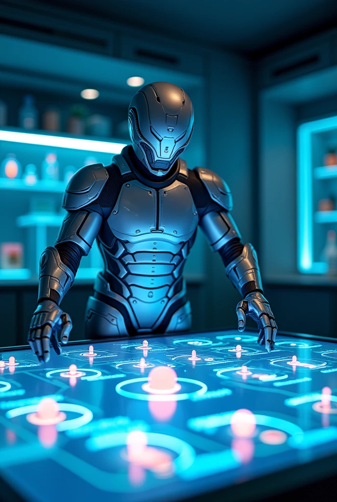 {
  "size": "1024x1024",
  "prompt": "Proton, wearing his bright, shield-like armor, stands in a futuristic, well-lit laboratory. In front of him, a large, glowing holographic table displays various elements from the periodic table, each with a visible representation of its nucleus. The atmosphere is educational and focused, with Proton confidently pointing at the hologram, which showcases the different numbers of protons in each element's nucleus."
}
