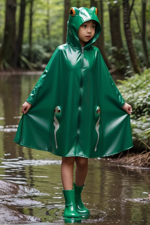 live-action　female er　Slime monster transformation　Frog　Multiple people　Bottomless swamp　Enamel Zentai　green　Japanese　Rubber Dress　Cape　Raincoat