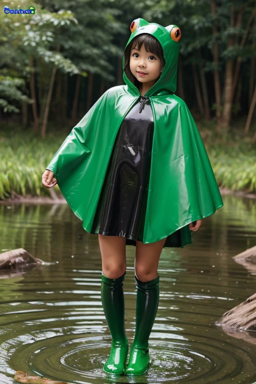 live-action　female kindergartener　Slime monster transformation　Frog　Multiple people　Bottomless swamp　Enamel Zentai　green　Japanese　Rubber Dress　Cape　Raincoat