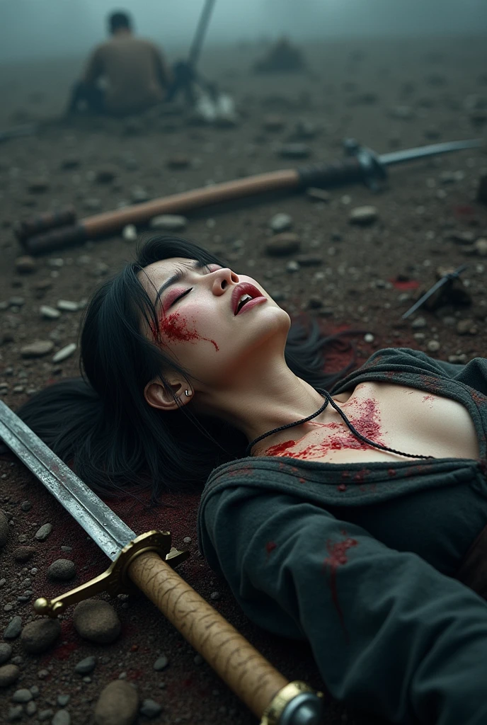 Asian women dying, sword stuck at her chest, deep pain expresion at her face, died laying at the battle ground blood spurt out from her wound, naked, nude, death by stabbed at her chest, stabbed chest, with a sword, the sword stuck at her chest covered of blood body, blood spurt out from her wound