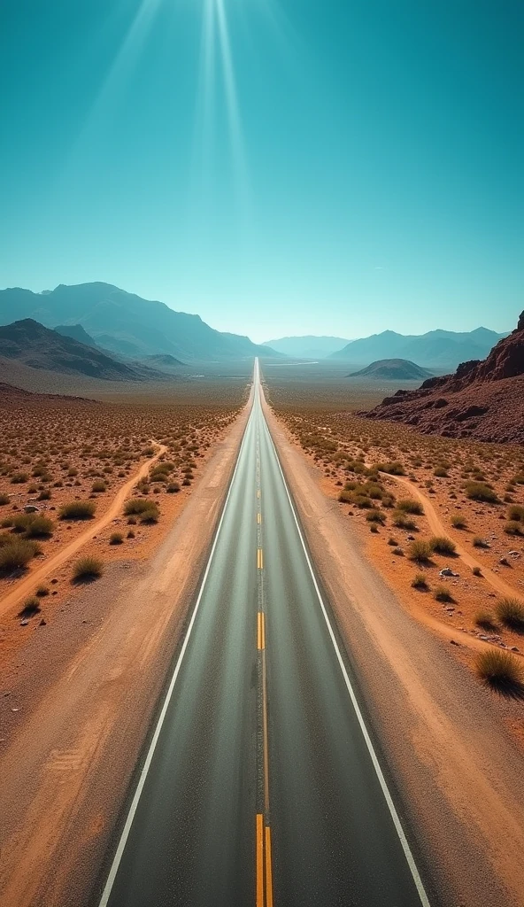 A stunning aerial view of a long, straight road cutting through a vast, arid desert landscape, reminiscent of Route 66. The road stretches endlessly into the horizon, flanked by rugged terrain with sparse vegetation and rocky outcrops. The asphalt is weathered, with faded lines marking the center, adding to the sense of a long journey through the wilderness. The sky is a deep, clear blue, with the harsh sunlight casting minimal shadows across the landscape. The scene captures the isolation and timeless appeal of the open road, with no signs of civilization, just the vast, empty expanse of the desert.