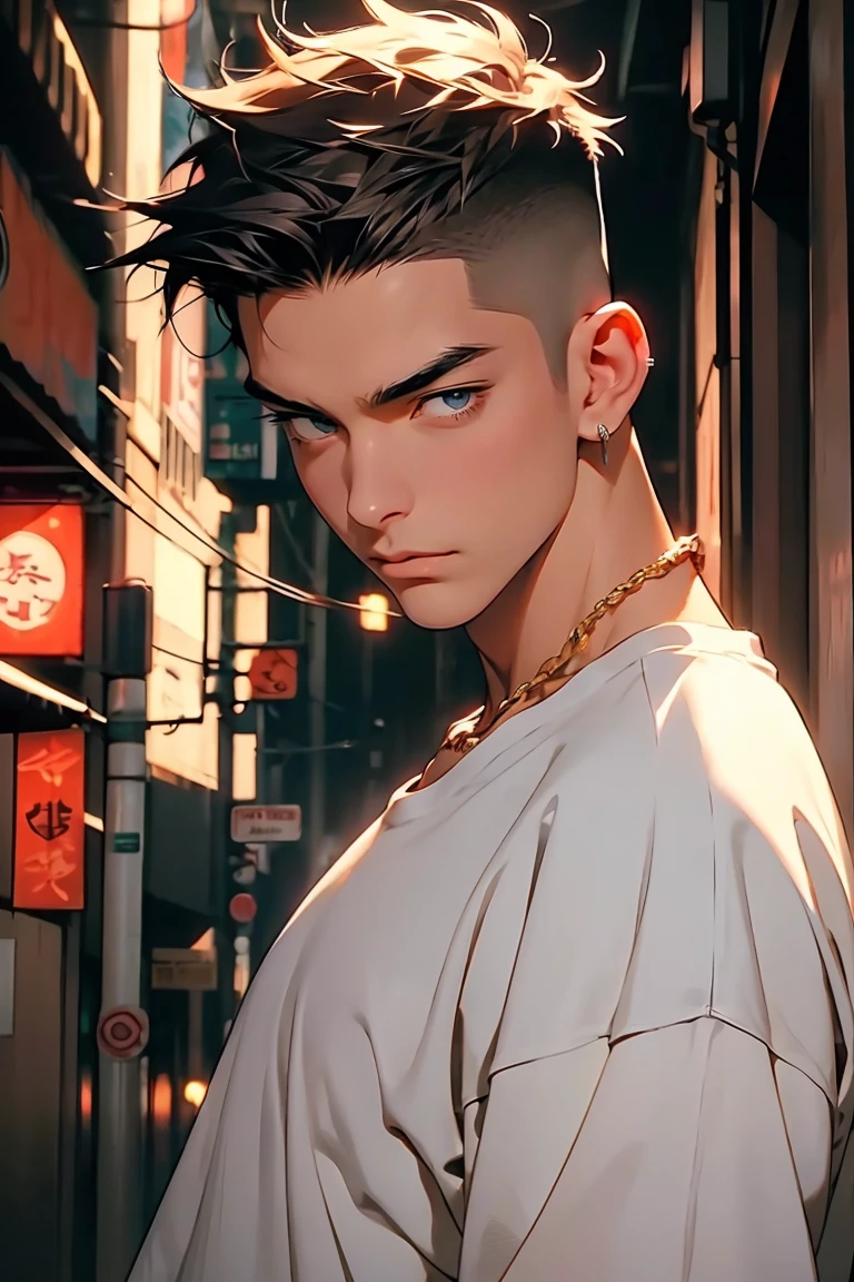 highest quality, 8K, high resolution image, anime style Jujutsu Kaisen, detailed strokes, fair skinned, blurry, purple light reflecting from it, (close angle), 1 man, young, male, model, cool guy, muscular, shaved body, smile, blue Eyes, brown ve short hair, brown hair, short hair, hairstyle: undercut, hair slicked back, swollen chest, He is wearing a white t-shirt jacket, a link chain, black sweatpants, a hand in his pocket, a gold link chain. background: City, big city streets