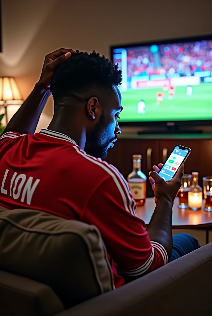 A black man on his house seating On sofa wearing red jersey written lion and some liquor and glass on the table and tv showing football Match and man get shocked put one hand on the head like he shocked watching his phone