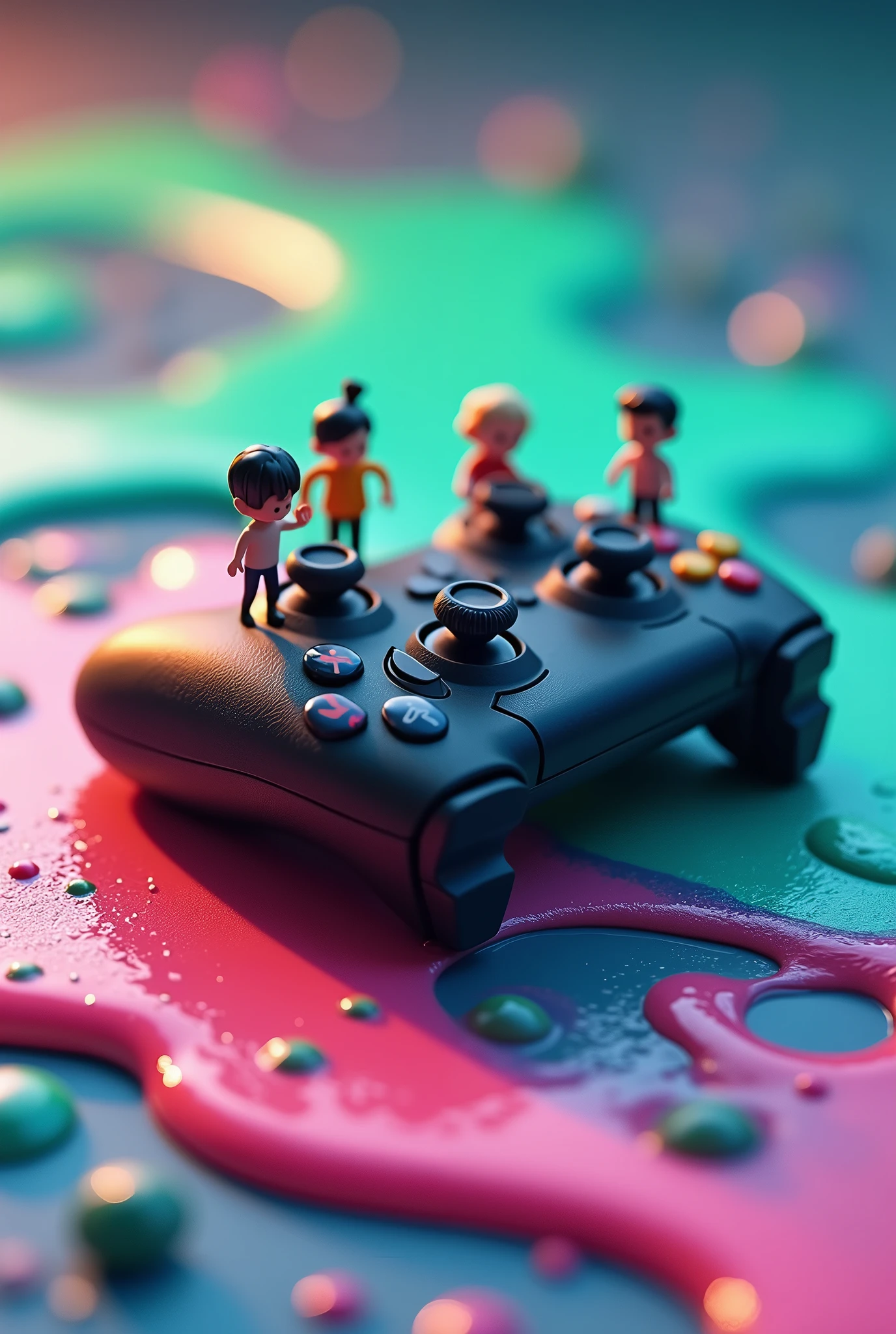 création d'une manette de jeu vidéo posé au sol ultra réaliste et détaillé. Arrière plan multicolore en slime. Plusieurs petites figurines placé à côté de la manette. Résolution 4k. Chef d'oeuvre. Art numérique. 