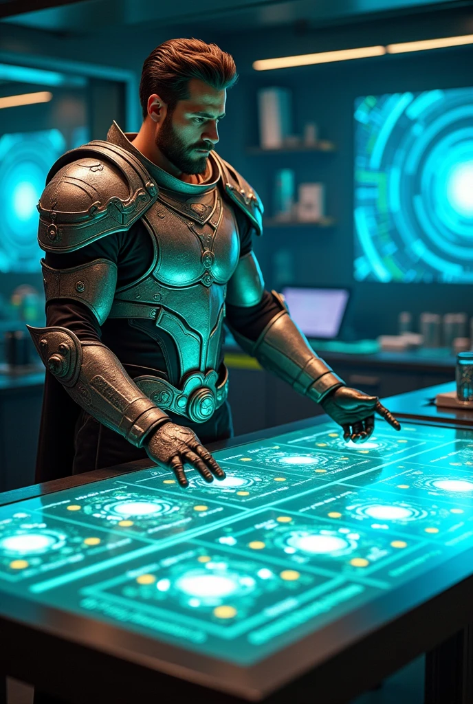{
"size": "1024x1024",
"prompt": "Proton, in bright, shield-like armor, stands beside a glowing holographic table displaying various elements and their nuclei. The table should be vibrant, with distinct representations of different elements, each showing their proton numbers clearly. Proton’s expression is confident as he explains the importance of protons in defining each element."
}