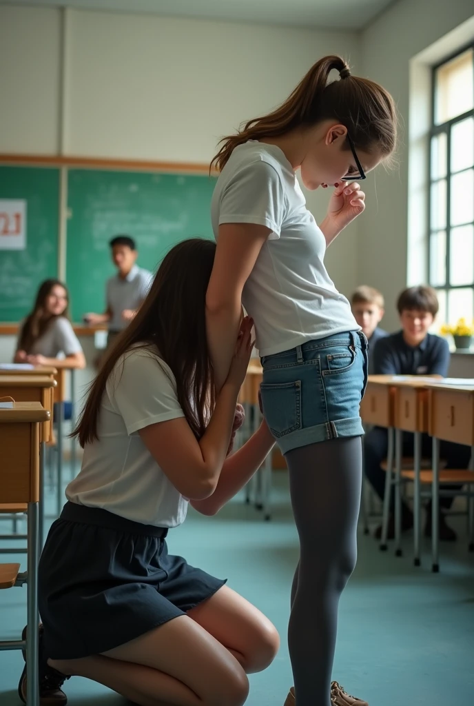A mature woman in glasses and leggings on her knees spanking a teenage school girls butt who is standing in tight shorts . Full body. Sweaty. Empty Highschool classroom
