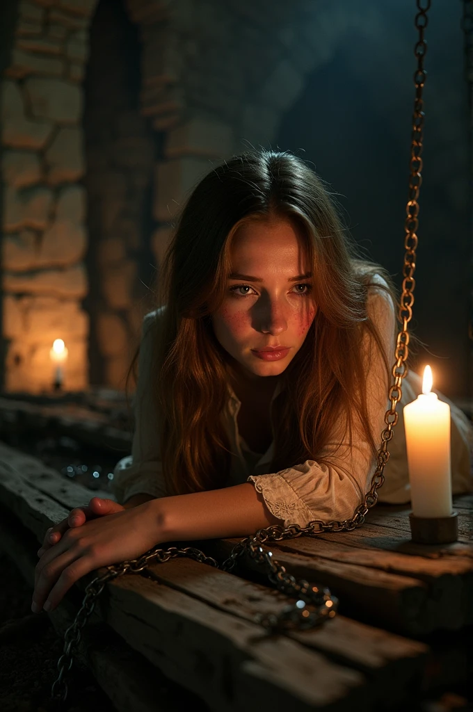 Beautiful girl naked ,piled on wooden pile ,slave medieval crying