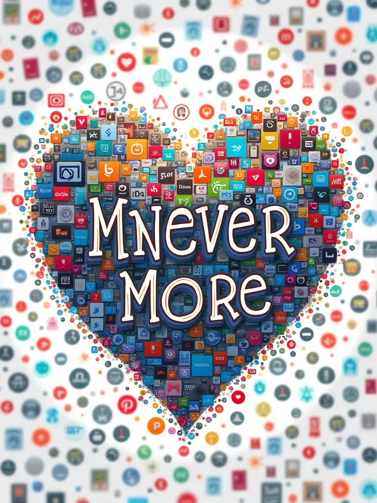 a logo with eternity font text MneverMore,,bacground are small graphics of many apps logo