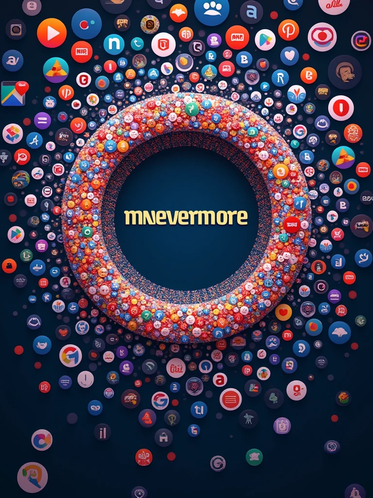 a logo with eternity font text MneverMore,,bacground are small graphics of many apps logo