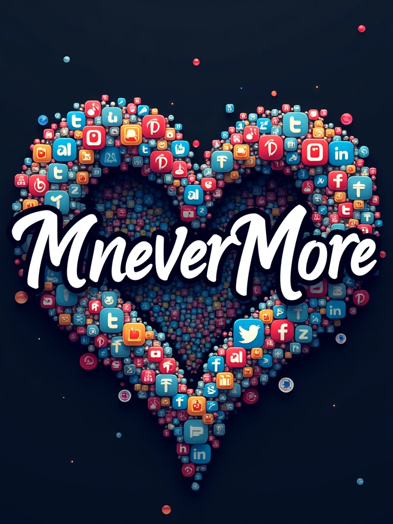 a logo with eternity font text MneverMore,,bacground are small graphics of many apps logo
