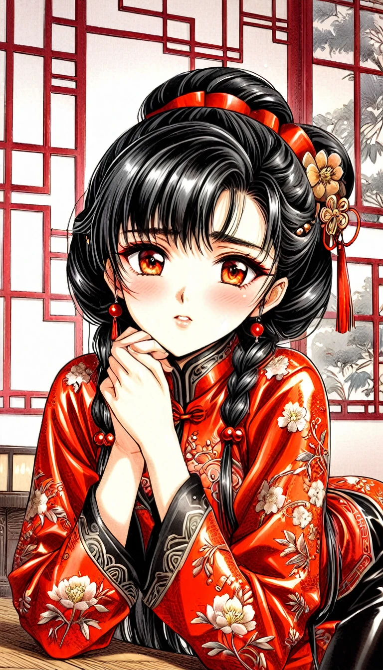 Beautiful 15 year old Chinese village girl with long black braided hair　Gorgeous embroidery, Ultra glossy, She is wearing shiny red long sleeve floral pajamas....　She touches her crotch and masturbates