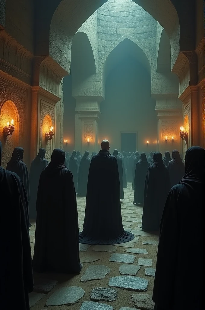 “In an ancient, shadowy fortress, Hasan Sabbah, the enigmatic leader, is surrounded by his devoted followers. Hasan Sabbah, dressed in dark, flowing robes with a commanding presence, is at the center of a group of attentive and obedient disciples. The scene is set in a grand, dimly lit hall with intricate stonework and flickering torches, emphasizing the secretive and intense atmosphere of their devotion and allegiance.”
