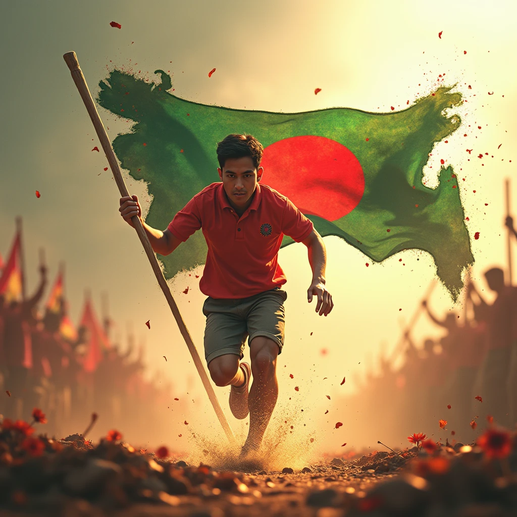 A 3D young man run with a Bangladesh flag in his hand. Background picture is Bangladesh map with blood