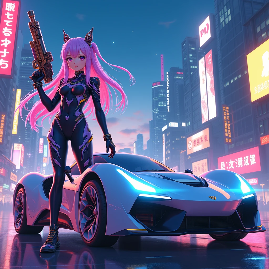 Japanese anime style。A beautiful girl in a uniform is standing next to a car, holding colorful sci-fi weapons。