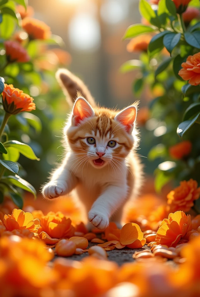 The cat has fur like garlic cloves,playing in the orange garden