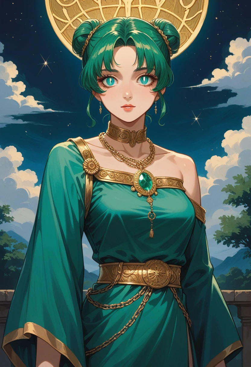 Anime, High-resolution illustrations, unrivaled masterpiece, ultra-realistic 8k CG, perfect artwork, (fidelity: 1.5), ((night)), cloudy, Very beautiful woman, (((solo))), single traditional bun, silky green hair, sparkling emerald eyes, (slit pupils:1.3), huge, (well-proportioned curves), natural makeup, Medium breasts:1.2, (Compressed chest:1.3), (( flowing, cyan dress that is loosely draped over her body. The dress is secured with golden accessories, including a decorative belt or chain around her waist and a strap across her shoulder)), necklace, character in the middle, standing, ancient place with greenary, prideful