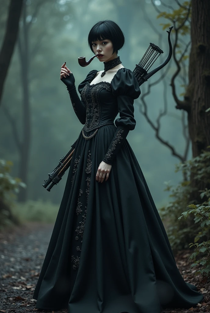 Beautiful 30s white skinned woman with elegant short black hair, wearing a black Victorian antique gothic long dress, with a pipe in her mouth and a crossbow on her back 