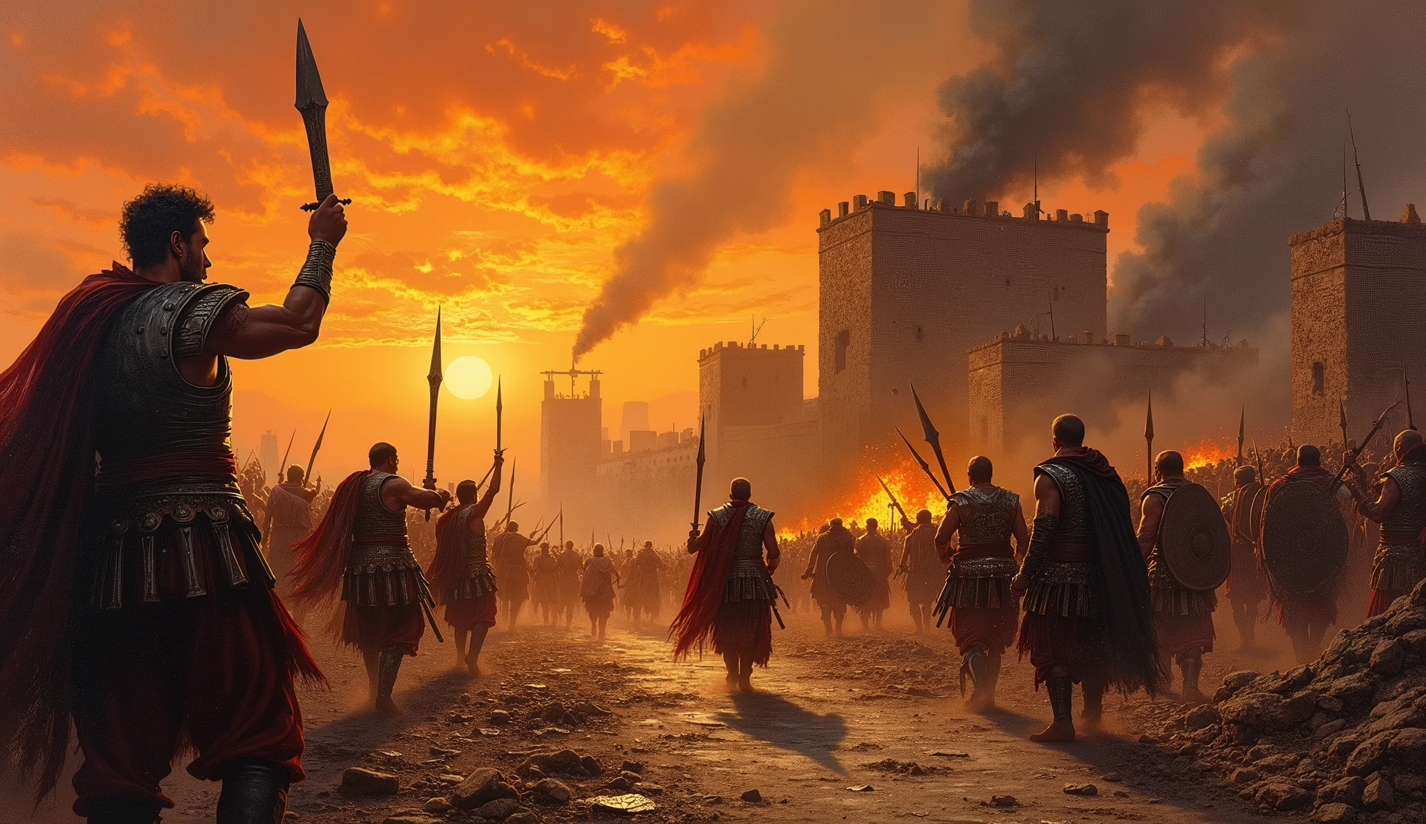 oil painting, men razing cities in ancient times