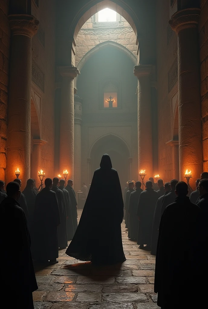 
“In an ancient, shadowy fortress, Hasan Sabbah, the enigmatic leader, is surrounded by his devoted followers. Hasan Sabbah, dressed in dark, flowing robes with a commanding presence, is at the center of a group of attentive and obedient disciples. The scene is set in a grand, dimly lit hall with intricate stonework and flickering torches, emphasizing the secretive and intense atmosphere of their devotion and allegiance.”