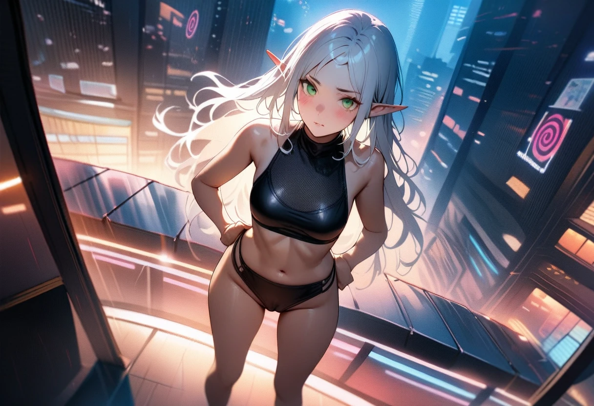 High-key and low-variance brightness levels,Soft Light,Realistic light and shadow,Light and dark intertwined,(Target your audience:1.4),Looking at the audience,dramaticangle,(Solitary:1.6),(masterpiece),(best quality),(high resolution),(By famous artists),(((Official Art))),(author:Paul Hedley),(illustration),1 Girl,(freeze),(Elf),Agent Female,(Medium breasts:1.5),(Camel toe),(whole body),(Round Face),(Pointed ears),(Slender legs),(Standard stature),(Detailed beautiful face),Glowing skin,Glowing skin,(Jointed fingers),Umbilical cord,Stomach,(Swimsuit:1.4),indoor,(Cyberpunk City,Kowloon,rain),(Against the wall),((Poker face)),blush,((permanent)),Hands on Hips,(Green Eyes:1.3),(White hair),Long hair,Double tail,partedbangs,(Reflective hair),(individual)